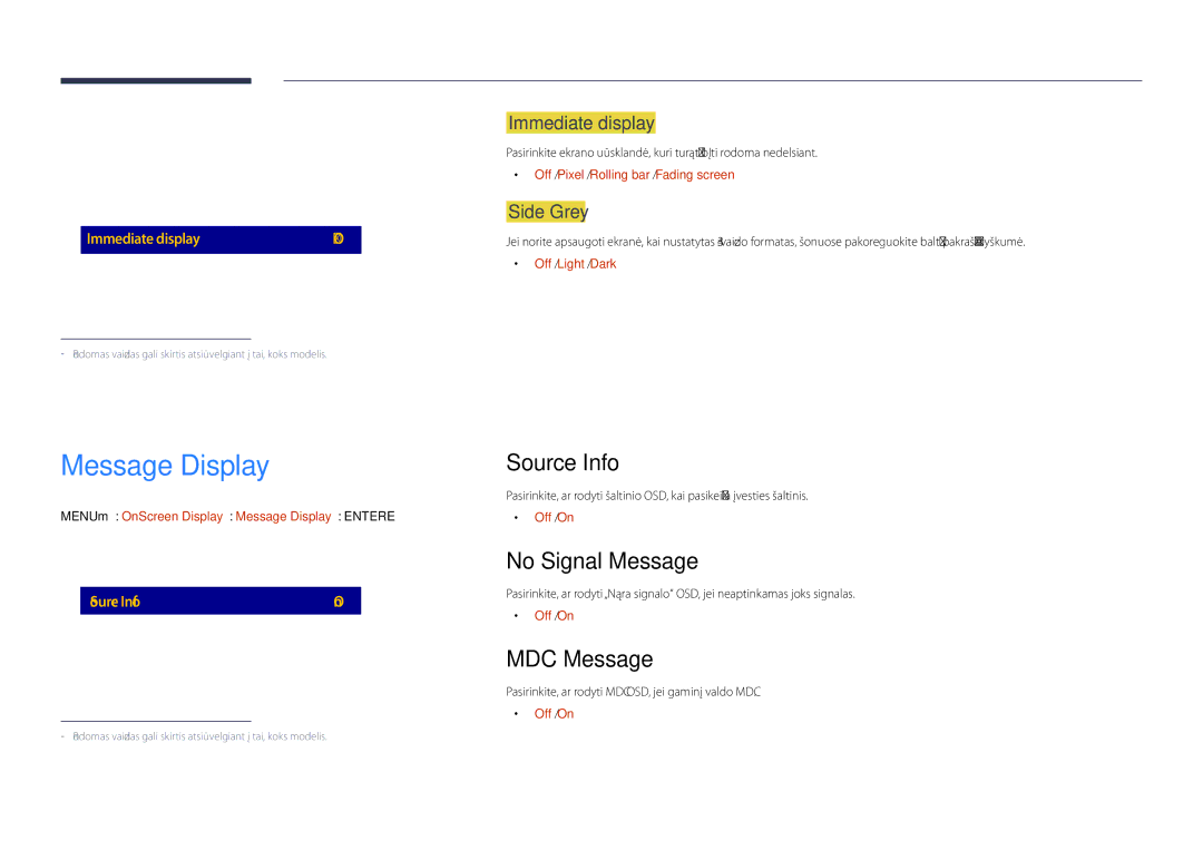 Samsung LH48DHDPLGC/EN, LH55DHDPLGC/EN, LH40DHDPLGC/EN manual Message Display, Source Info, No Signal Message, MDC Message 