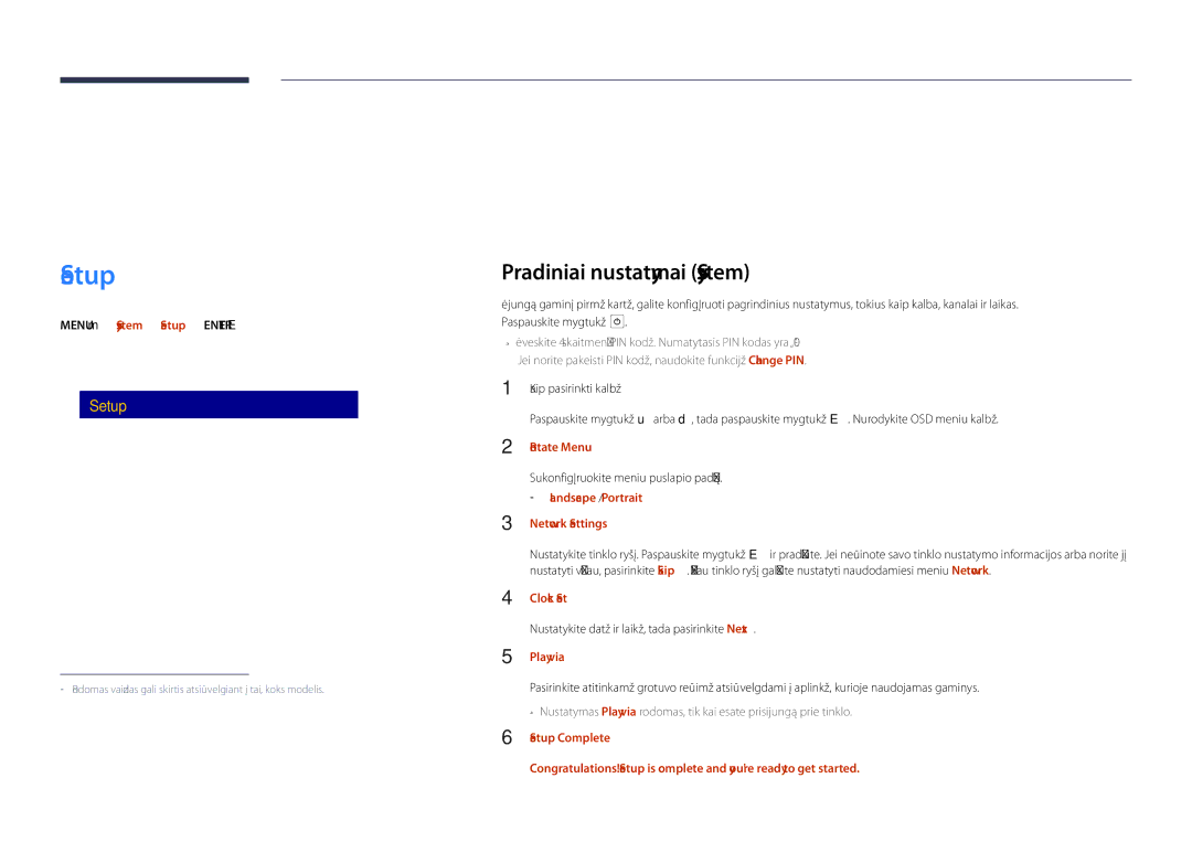 Samsung LH55DHDPLGC/EN, LH48DHDPLGC/EN, LH40DHDPLGC/EN manual Setup, Pradiniai nustatymai System 