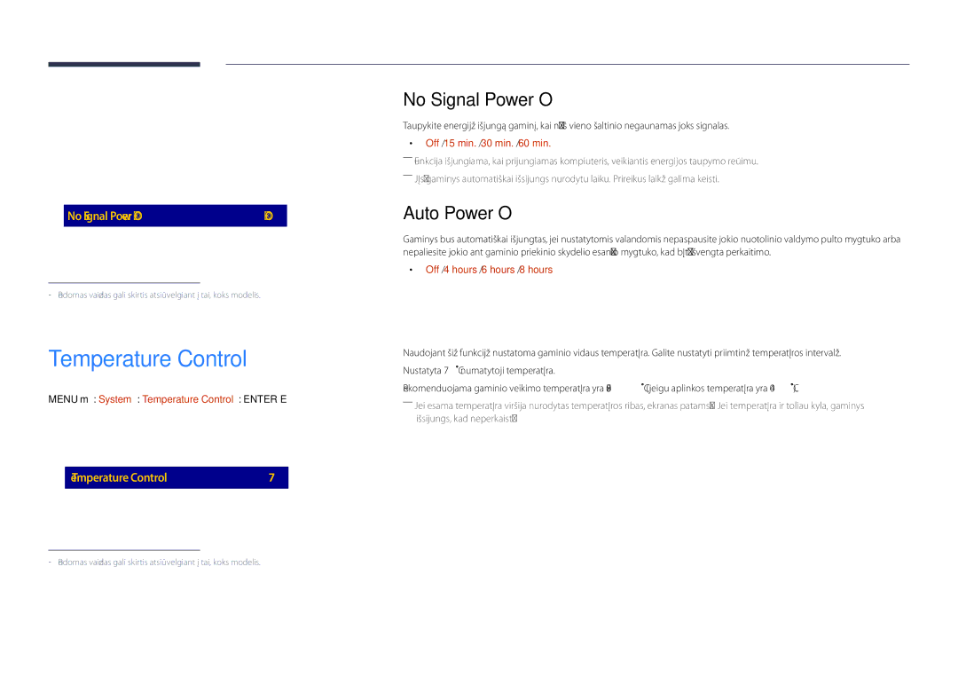 Samsung LH48DHDPLGC/EN, LH55DHDPLGC/EN, LH40DHDPLGC/EN manual Temperature Control, No Signal Power Off, Auto Power Off 