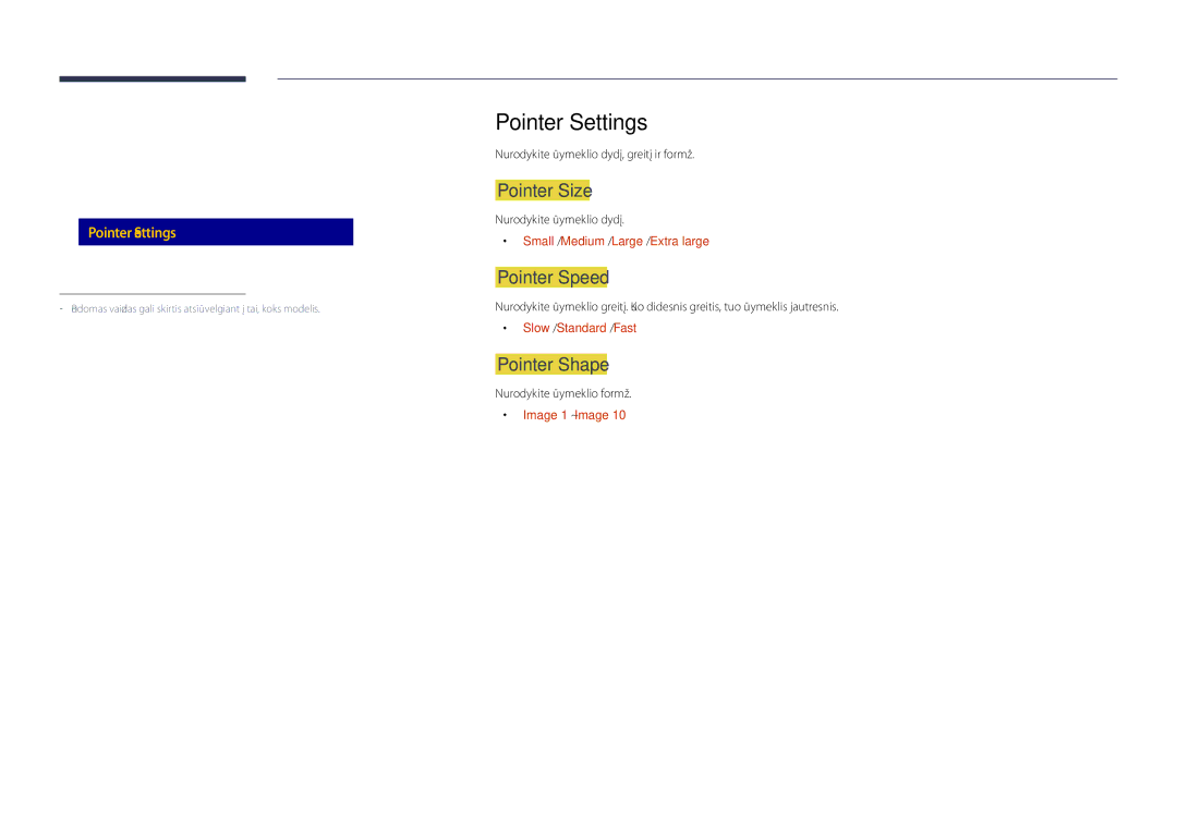 Samsung LH48DHDPLGC/EN Pointer Settings, Pointer Size, Pointer Speed, Pointer Shape, Keyboard Settings Mouse Settings 