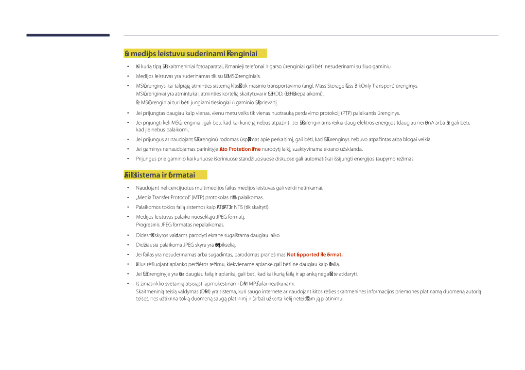 Samsung LH55DHDPLGC/EN, LH48DHDPLGC/EN, LH40DHDPLGC/EN Su medijos leistuvu suderinami įrenginiai, Failų sistema ir formatai 