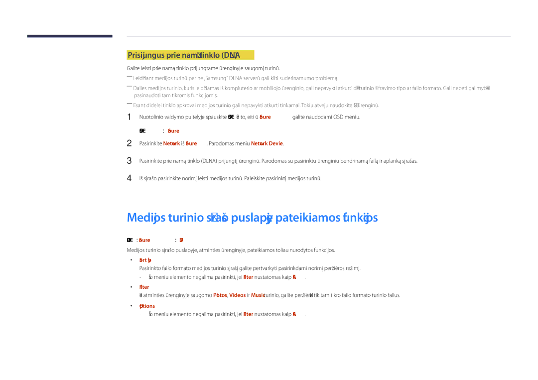 Samsung LH55DHDPLGC/EN Medijos turinio sąrašo puslapyje pateikiamos funkcijos, Prisijungus prie namų tinklo Dlna, Filter 