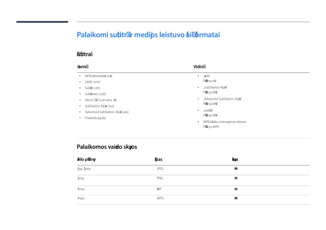 Samsung LH40DHDPLGC/EN Palaikomi subtitrų ir medijos leistuvo failų formatai, Subtitrai, Palaikomos vaizdo skyros, Išorinė 