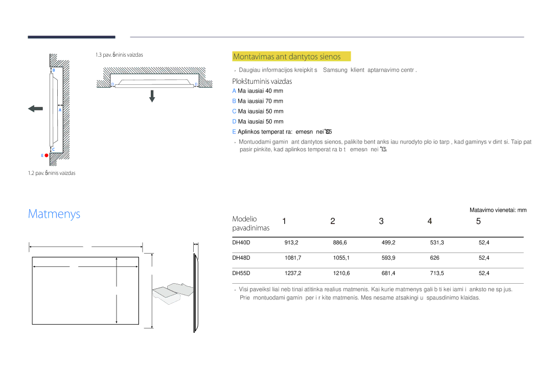 Samsung LH48DHDPLGC/EN manual Matmenys, Montavimas ant dantytos sienos, Plokštuminis vaizdas, Modelio, Matavimo vienetai mm 