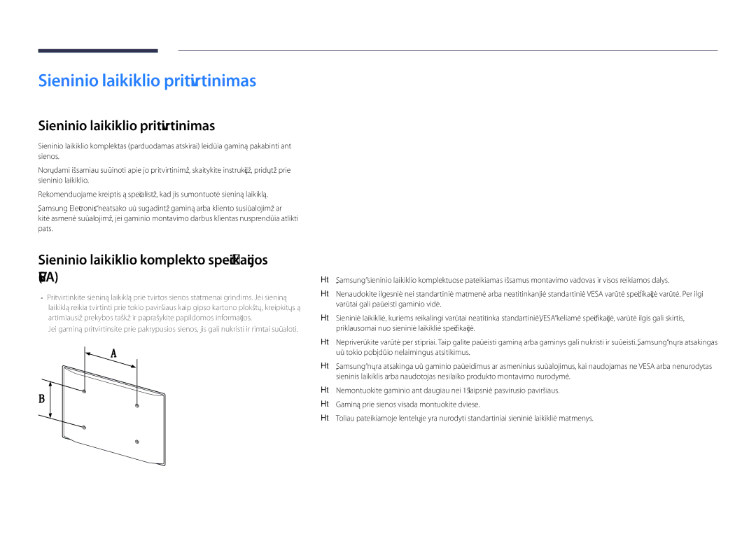 Samsung LH55DHDPLGC/EN, LH48DHDPLGC/EN Sieninio laikiklio pritvirtinimas, Sieninio laikiklio komplekto specifikacijos Vesa 