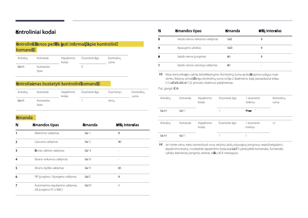 Samsung LH55DHDPLGC/EN manual Kontroliniai kodai, Kontroliavimas nustatyti kontrolinę komandą, Komandos tipas Komanda 