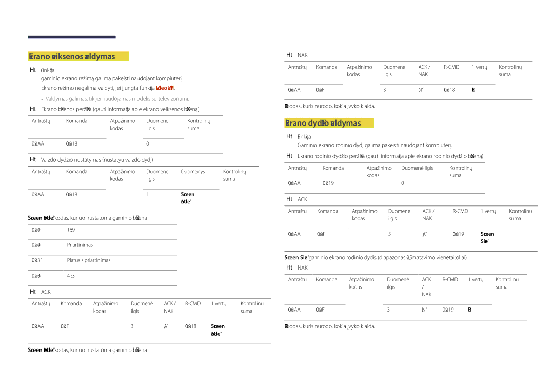 Samsung LH55DHDPLGC/EN, LH48DHDPLGC/EN, LH40DHDPLGC/EN manual Ekrano veiksenos valdymas, Ekrano dydžio valdymas, Funkcija 