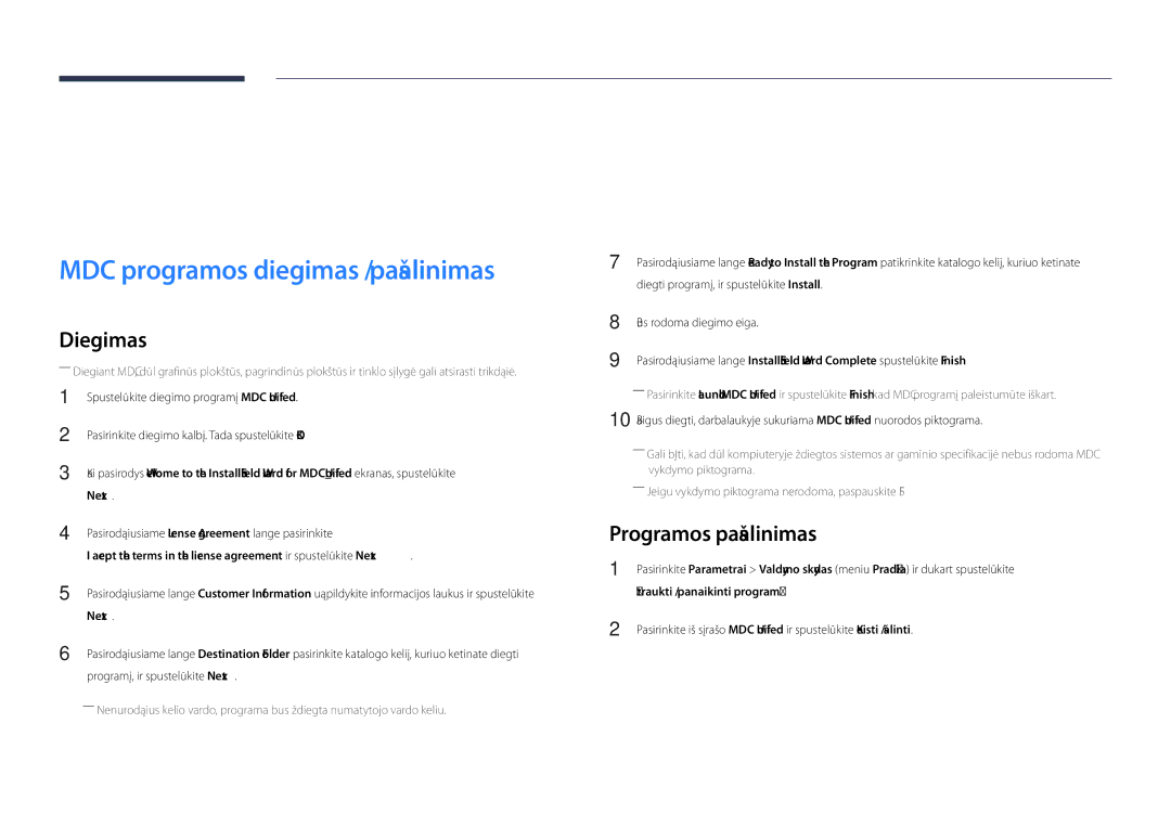 Samsung LH48DHDPLGC/EN, LH55DHDPLGC/EN manual MDC naudojimas, MDC programos diegimas / pašalinimas, Programos pašalinimas 