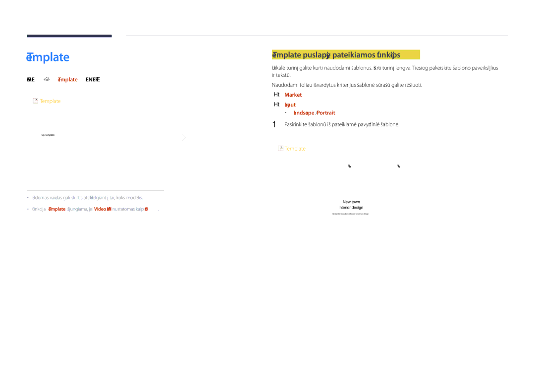 Samsung LH48DHDPLGC/EN manual Template puslapyje pateikiamos funkcijos, Home → Template → Enter E, Market, Layout 