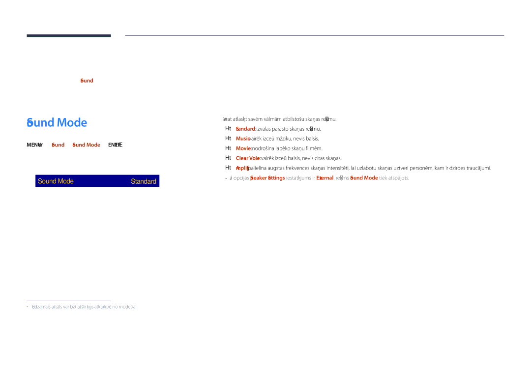 Samsung LH48DHDPLGC/EN, LH55DHDPLGC/EN, LH40DHDPLGC/EN manual Skaņas pielāgošana, Sound Mode 