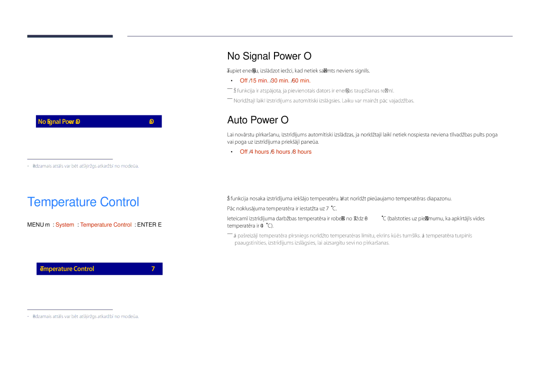 Samsung LH48DHDPLGC/EN, LH55DHDPLGC/EN, LH40DHDPLGC/EN manual Temperature Control, No Signal Power Off, Auto Power Off 