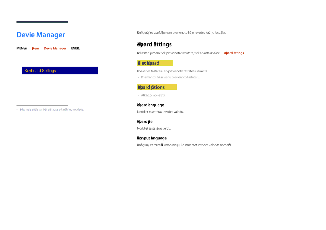 Samsung LH40DHDPLGC/EN, LH55DHDPLGC/EN, LH48DHDPLGC/EN Device Manager, Keyboard Settings, Select Keyboard, Keyboard Options 