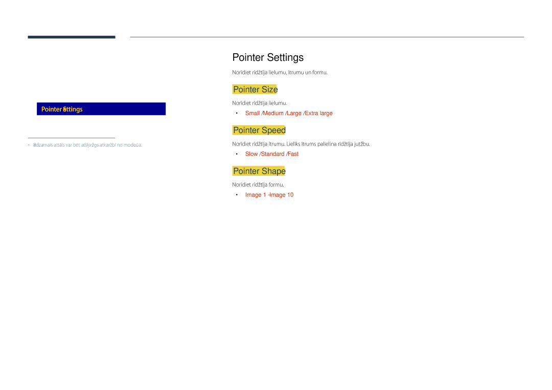 Samsung LH48DHDPLGC/EN Pointer Settings, Pointer Size, Pointer Speed, Pointer Shape, Keyboard Settings Mouse Settings 