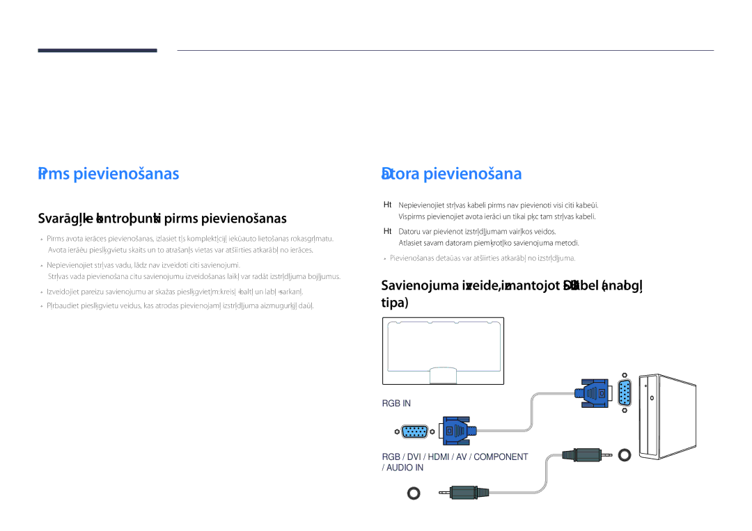 Samsung LH55DHDPLGC/EN, LH48DHDPLGC/EN Avota ierīces pievienošana un izmantošana, Pirms pievienošanas, Datora pievienošana 