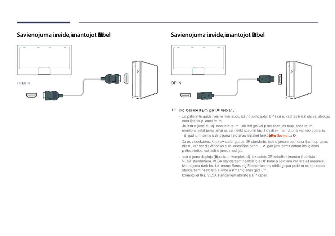 Samsung LH40DHDPLGC/EN, LH55DHDPLGC/EN Savienojuma izveide, izmantojot Hdmi kabeli, Drošības norādījumi par DP lietošanu 