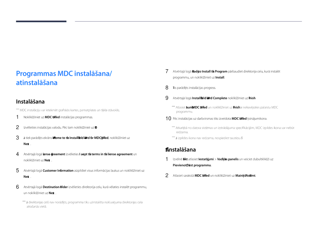 Samsung LH48DHDPLGC/EN, LH55DHDPLGC/EN manual MDC izmantošana, Programmas MDC instalēšana/ atinstalēšana, Atinstalēšana 