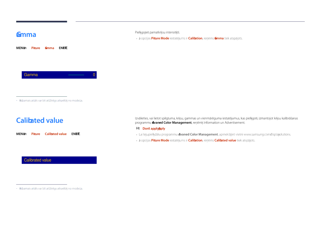 Samsung LH55DHDPLGC/EN, LH48DHDPLGC/EN manual Calibrated value, Menu m → Picture → Gamma → Enter E, Dont apply / Apply 