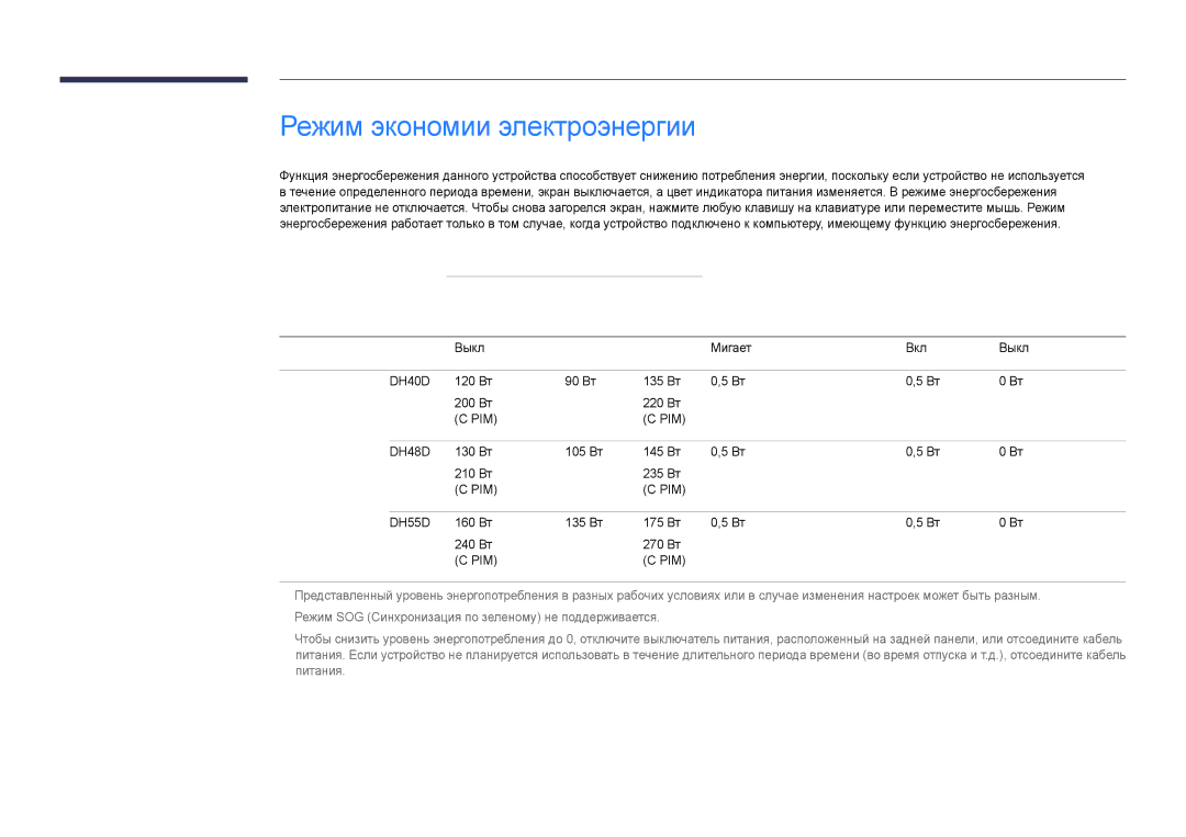 Samsung LH40DHDPLGC/EN, LH55DHDPLGC/EN, LH48DHDPLGC/EN manual Режим экономии электроэнергии 
