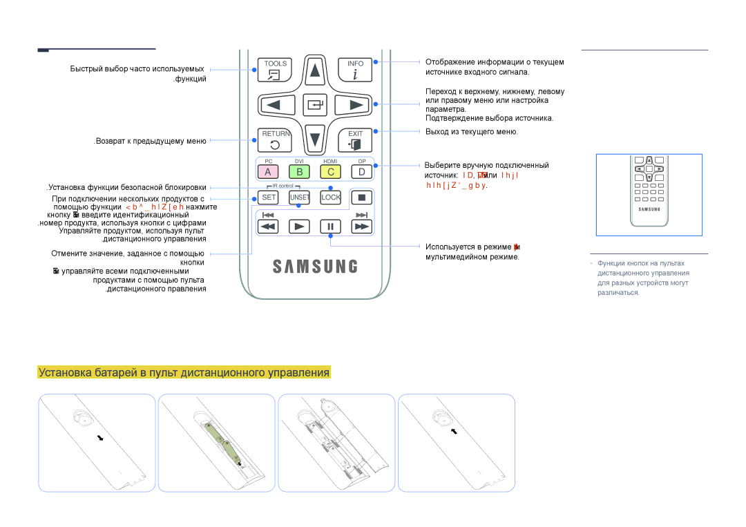 Samsung LH48DHDPLGC/EN, LH55DHDPLGC/EN manual Установка батарей в пульт дистанционного управления, Функций, Отображения 