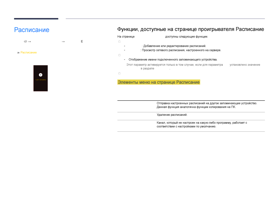 Samsung LH40DHDPLGC/EN Функции, доступные на странице проигрывателя Расписание, Элементы меню на странице Расписание 