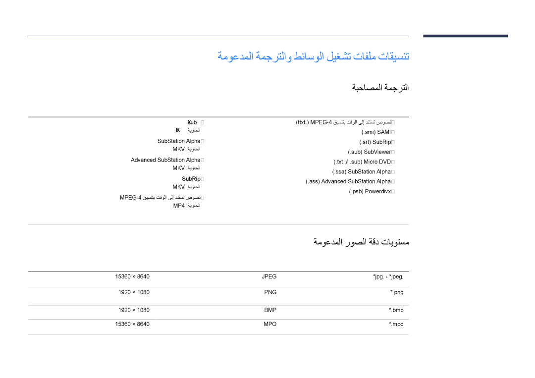 Samsung LH55DHDPLGC/NG, LH55DHDPLGC/UE ةبحاصملا ةمجرتلا, ةموعدملا روصلا ةقد تايوتسم, يلخاد يجراخ, ةقدلا عونلا فلملا دادتما 