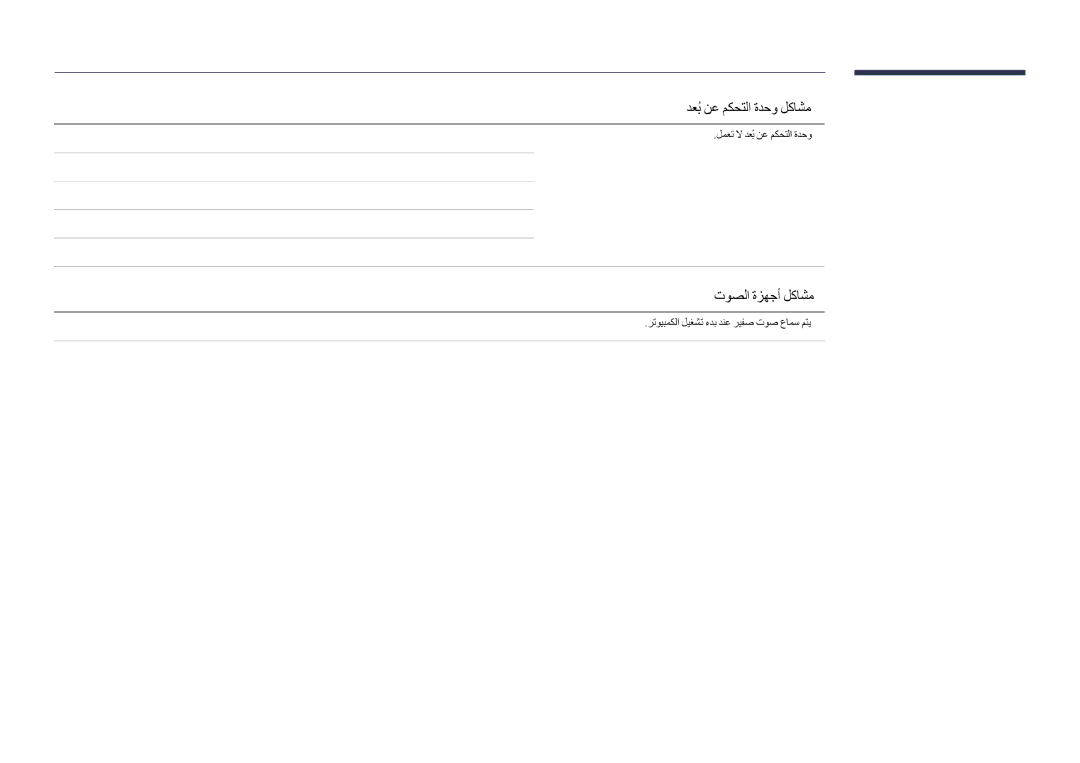 Samsung LH55DHDPLGC/UE manual دعبُ نع مكحتلا ةدحو لكاشم, توصلا ةزهجأ لكاشم, + ةحيحصلا اهنكامأ يف تايراطبلا دوجو نم دكأت 