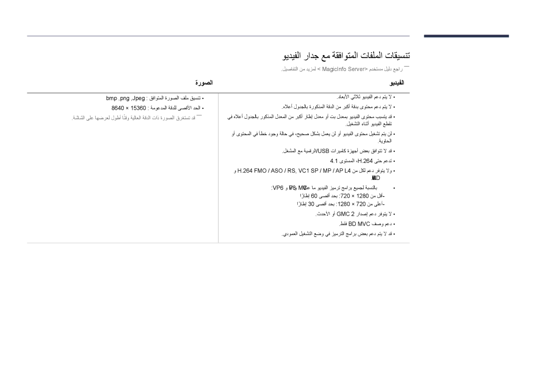 Samsung LH48DHDPLGC/UE, LH55DHDPLGC/UE, LH55DHDPLGC/NG manual ويديفلا رادج عم ةقفاوتملا تافلملا تاقيسنت, ةروصلا ويديفلا 