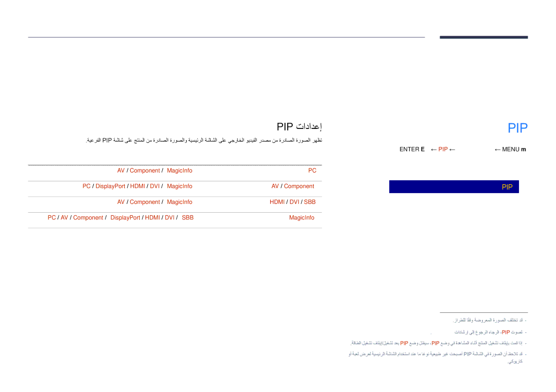 Samsung LH48DHDPLGC/NG, LH55DHDPLGC/UE, LH48DHDPLGC/UE manual ةشاشلا ىلع ضرع, Pip تادادعإ, ةيعرفلا ةروصلا ةيسيئرلا ةروصلا 