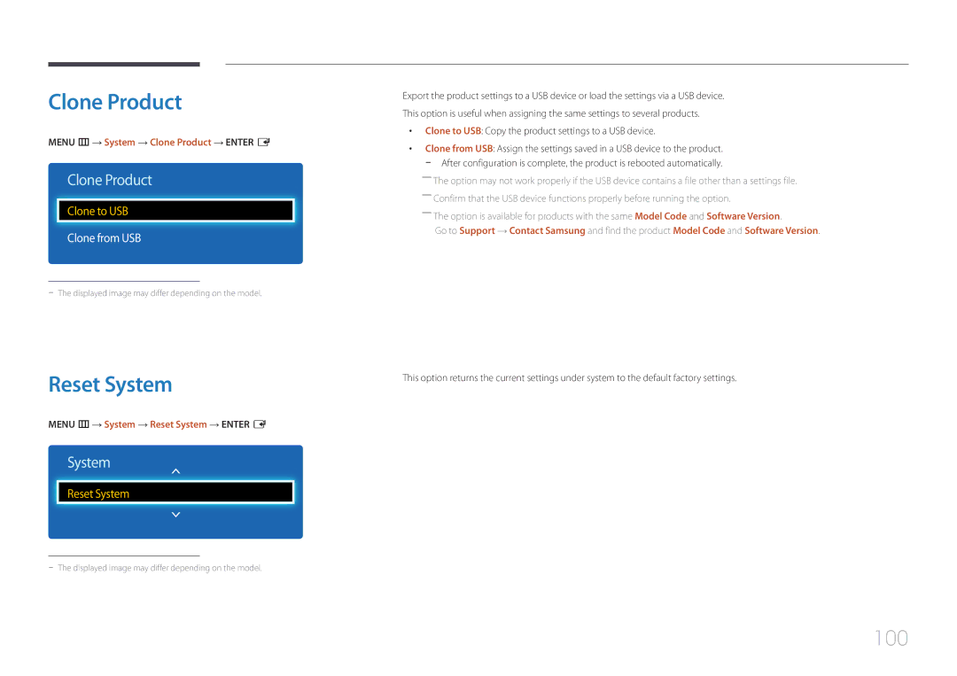 Samsung LH55DCEPLGC/XY, LH55DMEPLGC/EN, LH65EDEPLGC/EN, LH55DMEPLGC/UE manual Clone Product, Reset System, 100, Clone from USB 