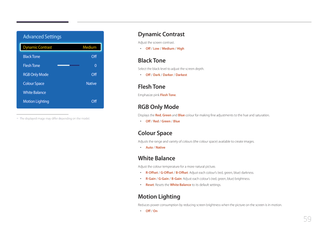 Samsung LH75EDEPLGC/NG manual Dynamic Contrast, Black Tone, Flesh Tone, RGB Only Mode, Colour Space, White Balance 
