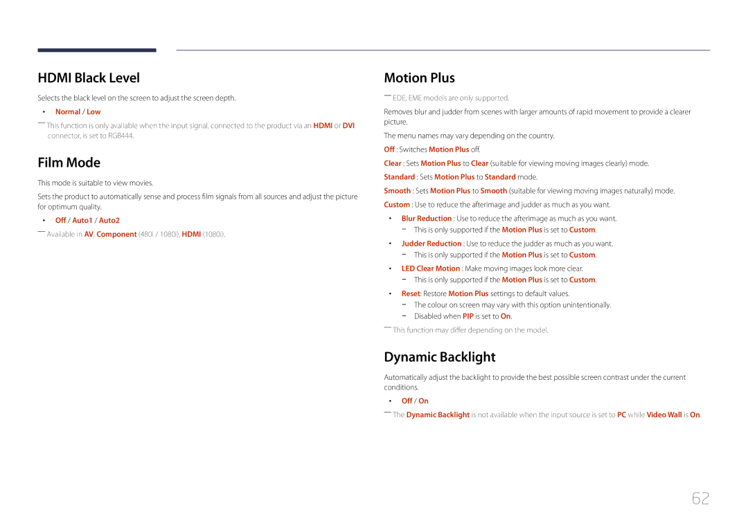 Samsung LH40DCEPLGC/XV, LH55DMEPLGC/EN, LH65EDEPLGC/EN manual Hdmi Black Level, Film Mode, Motion Plus, Dynamic Backlight 