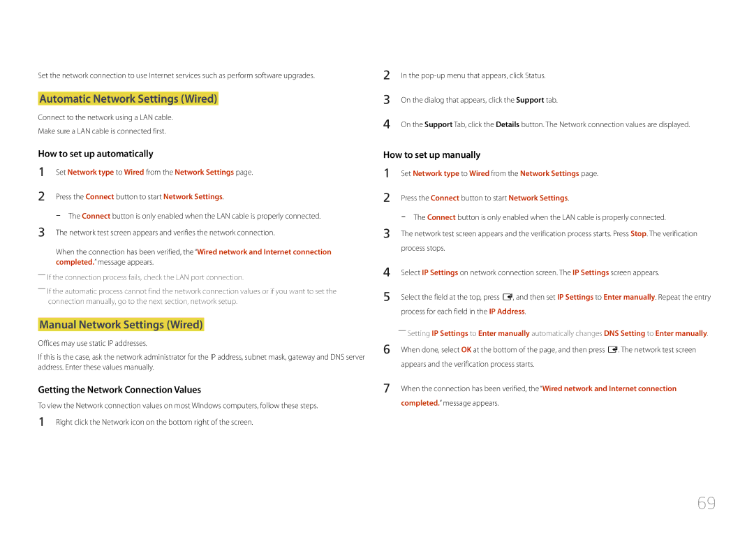 Samsung LH55DMEPLGC/CH, LH55DMEPLGC/EN, LH65EDEPLGC/EN manual Automatic Network Settings Wired, Manual Network Settings Wired 