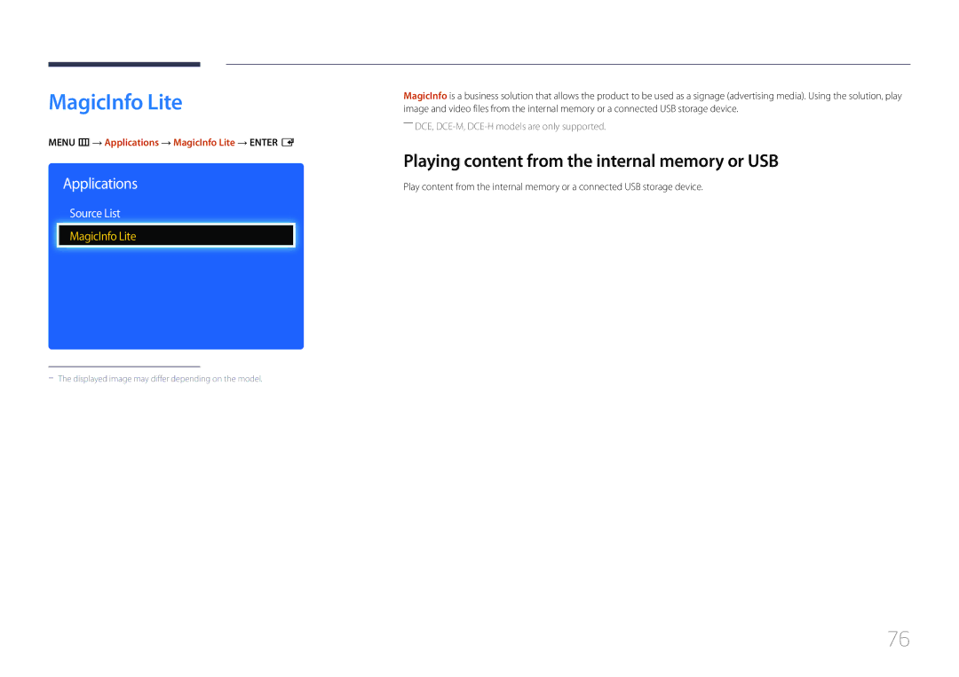 Samsung LH55DMEPLGC/NG, LH55DMEPLGC/EN manual MagicInfo Lite, Playing content from the internal memory or USB, Source List 