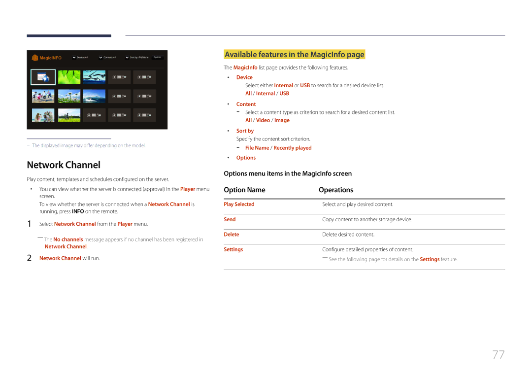 Samsung LH75EDEPLGC/NG, LH55DMEPLGC/EN manual Network Channel, Available features in the MagicInfo, Option Name Operations 