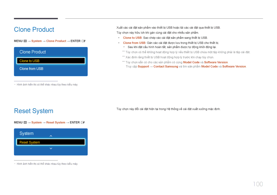 Samsung LH55DCEPLGC/XY, LH55DMEPLGC/XY, LH40DCEPLGC/XY, LH40DCEPLGC/XV manual Clone Product, Reset System, 100, Clone from USB 