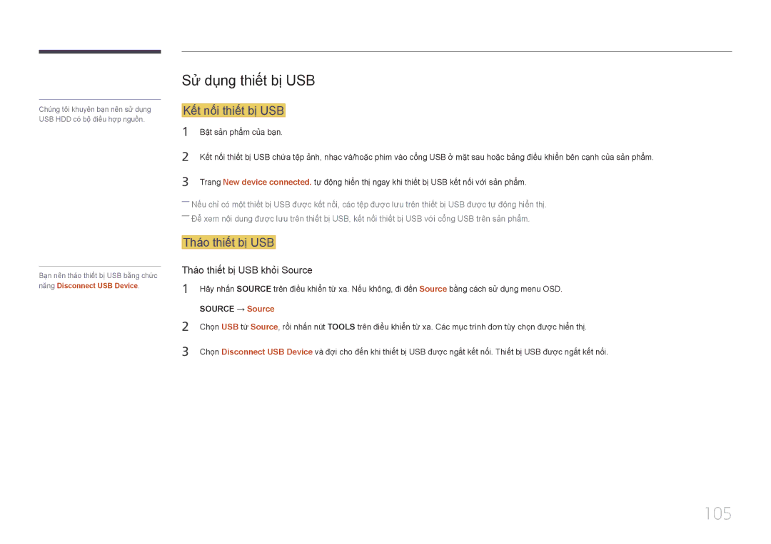 Samsung LH40DCEPLGC/XY manual 105, Sư dung thiết bi USB, Kết nối thiết bi USB, Tháo thiết bi USB, Source → Source 