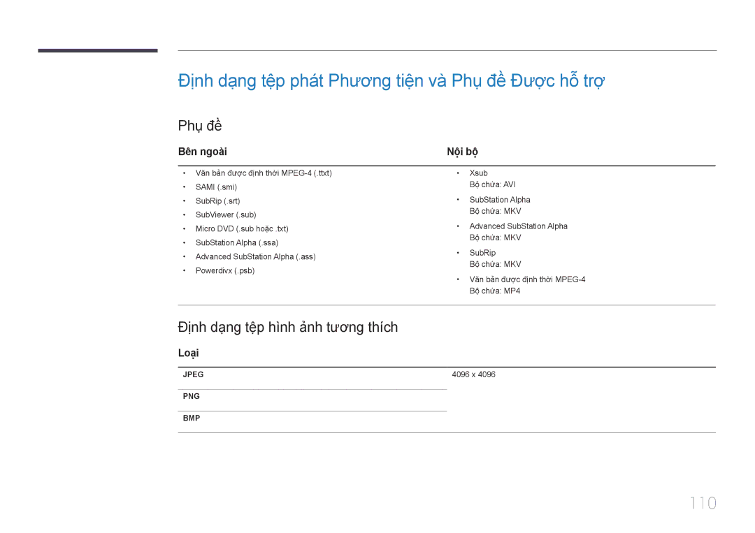 Samsung LH55DCEPLGC/XV, LH55DMEPLGC/XY manual 110, Phụ đề̀, Đinh dạng tệp hình ảnh tương thich, Bên ngoai, Loại 