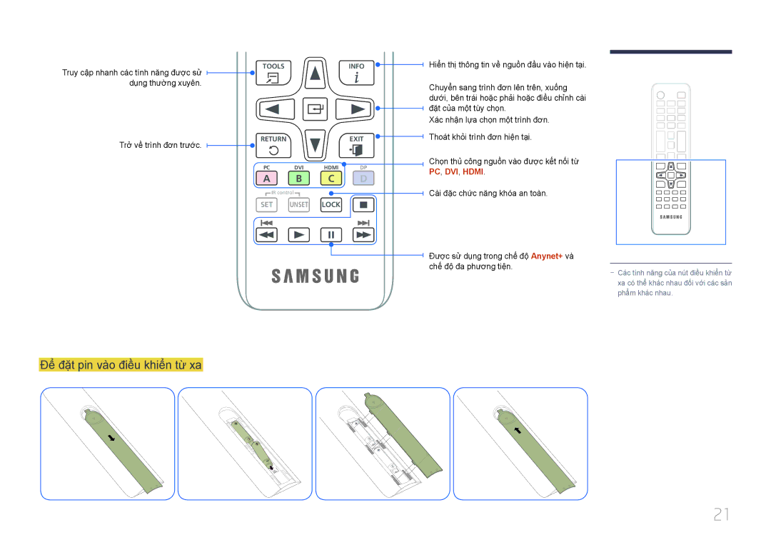 Samsung LH48DCEPLGC/XV, LH55DMEPLGC/XY, LH40DCEPLGC/XY, LH40DCEPLGC/XV manual Để̉ đặ̣t pin và̀o điề̀u khiể̉n từ xa, C D 