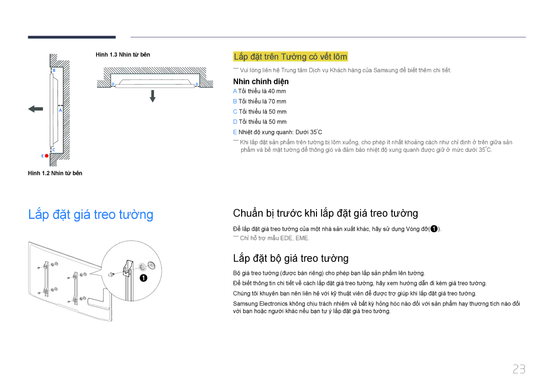 Samsung LH65EDEPLGC/XS manual Lắp đặt giá treo tương, Chuẩn bi trươc khi lắp đặt giá treo tương, Nhìn chính diện 