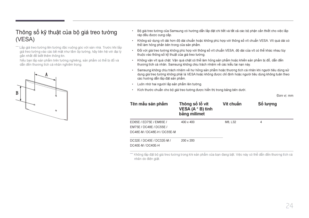 Samsung LH55DMEPLGC/XY, LH40DCEPLGC/XY, LH40DCEPLGC/XV, LH32DCEPLGC/XV Thông số kỹ thuật của bộ giá treo tương Vesa 