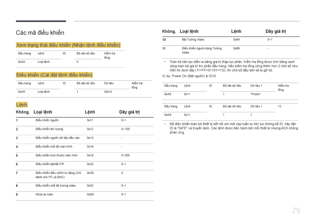 Samsung LH48DCEPLGC/XV manual Cá́c mã̃ điề̀u khiể̉n, Xem trạ̣ng thá́i điề̀u khiể̉n Nhậ̣n lệ̣nh điề̀u khiể̉n, Lệnh 