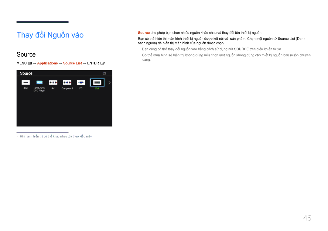 Samsung LH55DCEPLGC/XV, LH55DMEPLGC/XY manual Thay đôi Nguồn vào, Menu m → Applications → Source List → Enter E 