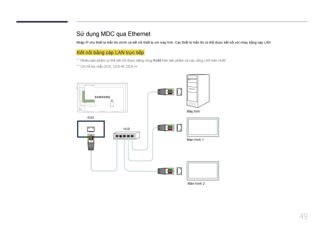 Samsung LH40DCEPLGC/XY, LH55DMEPLGC/XY, LH40DCEPLGC/XV manual Sư dung MDC qua Ethernet, Kết nối bằng cáp LAN trực tiếp 