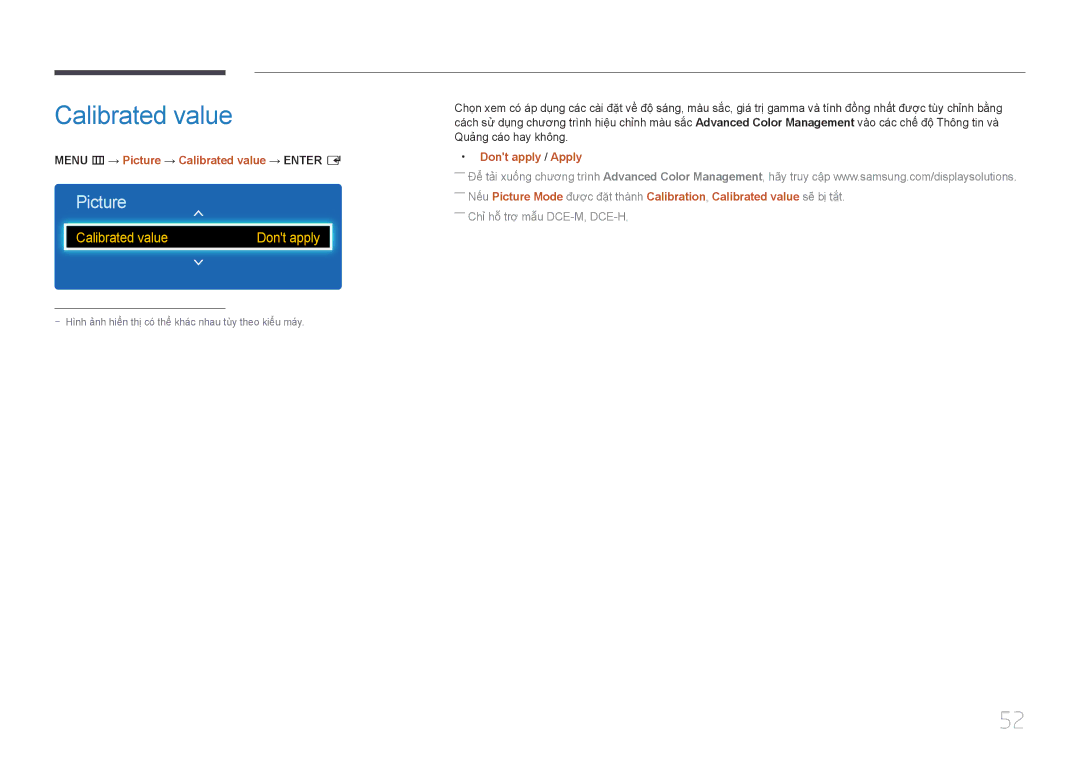 Samsung LH55DCEPLGC/XY, LH55DMEPLGC/XY manual Menu m → Picture → Calibrated value → Enter E, Dont apply / Apply 