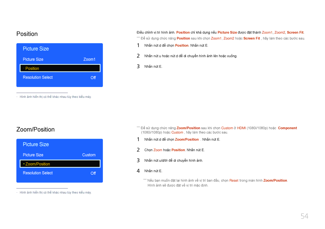 Samsung LH55DCEPLGC/XV, LH55DMEPLGC/XY, LH40DCEPLGC/XY manual Zoom/Position, Picture Size, Resolution Select Off 