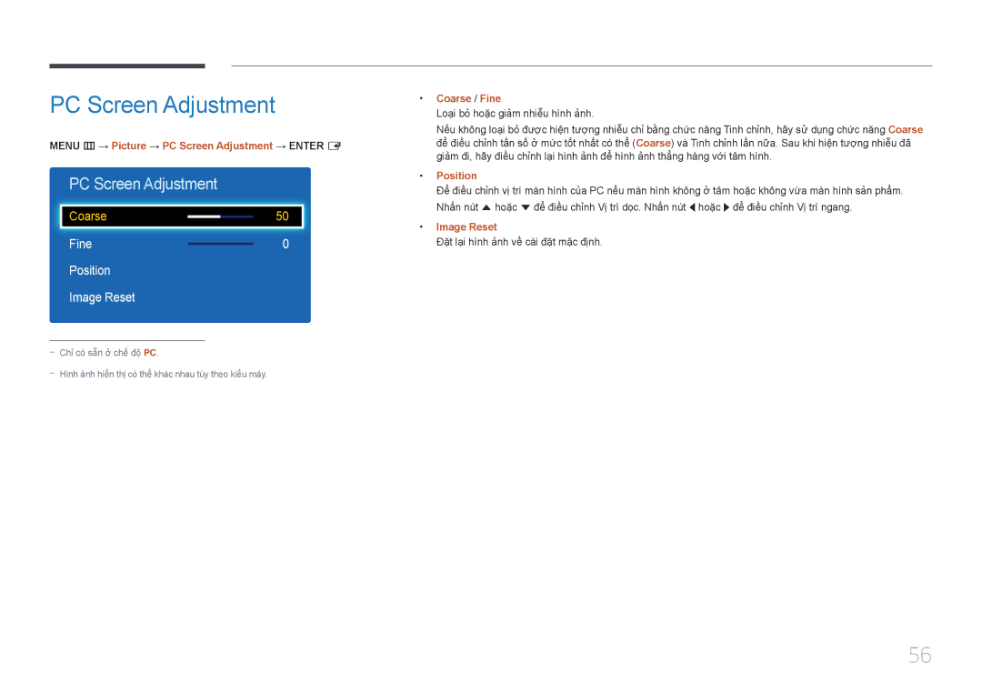 Samsung LH55DMEPLGC/XY, LH40DCEPLGC/XY, LH40DCEPLGC/XV, LH32DCEPLGC/XV manual PC Screen Adjustment, Fine Position Image Reset 