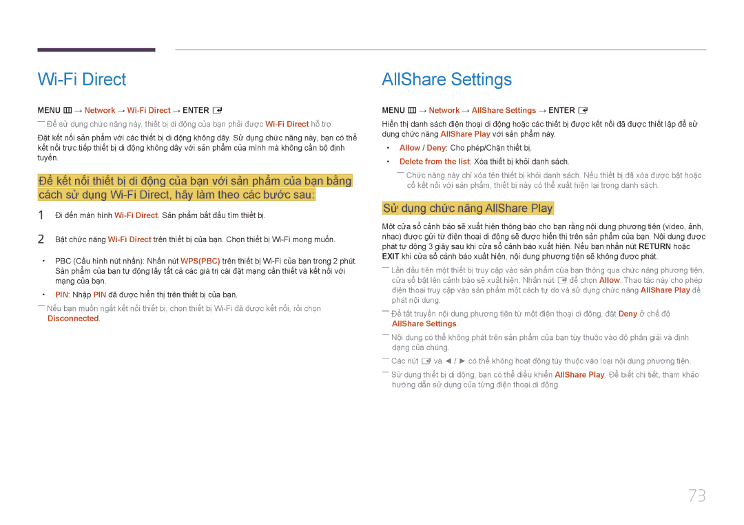 Samsung LH40DCEPLGC/XY, LH55DMEPLGC/XY, LH40DCEPLGC/XV Wi-Fi Direct, AllShare Settings, Sư dung chức năng AllShare Play 