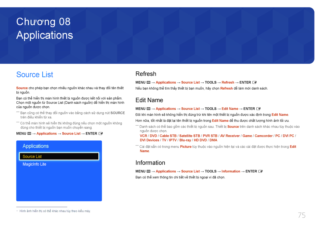 Samsung LH32DCEPLGC/XV, LH55DMEPLGC/XY, LH40DCEPLGC/XY manual Applications, Source List, Refresh, Edit Name, Information 