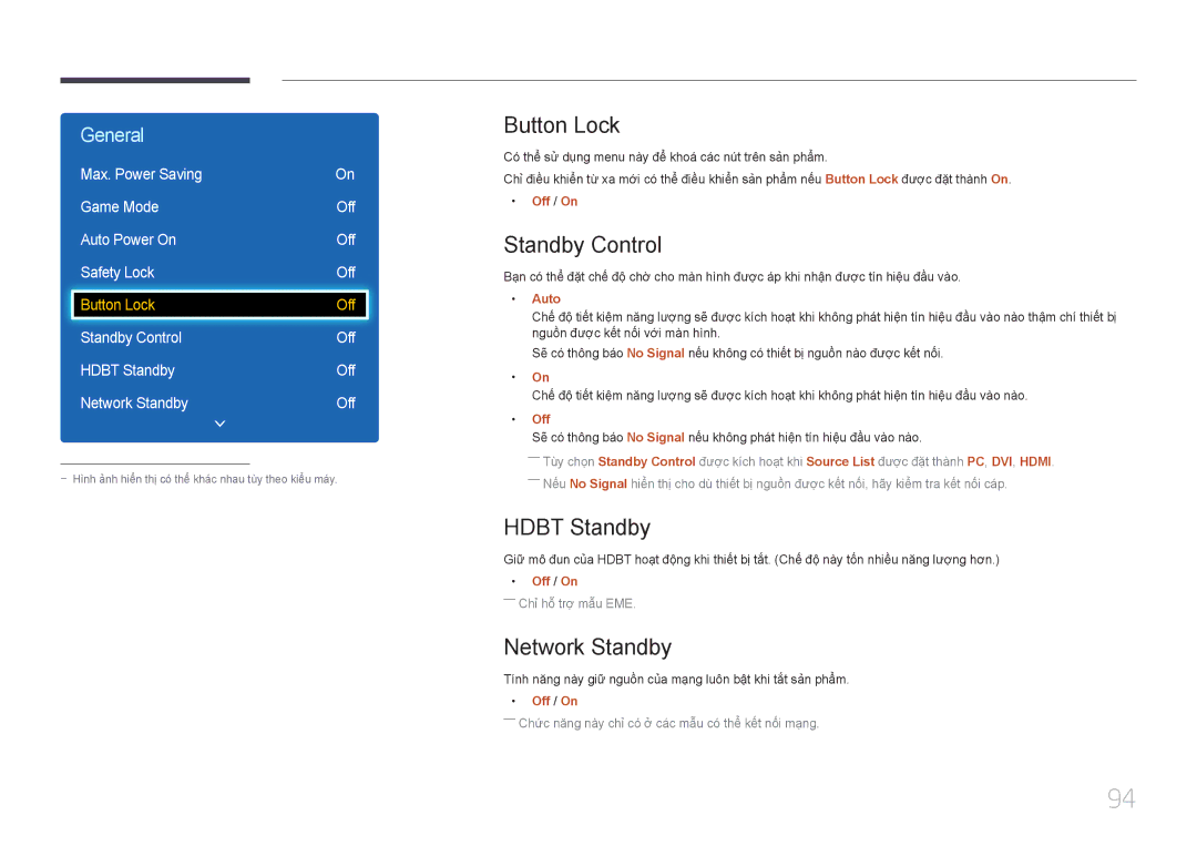 Samsung LH55DCEPLGC/XV, LH55DMEPLGC/XY, LH40DCEPLGC/XY manual Button Lock, Standby Control, Hdbt Standby, Network Standby 