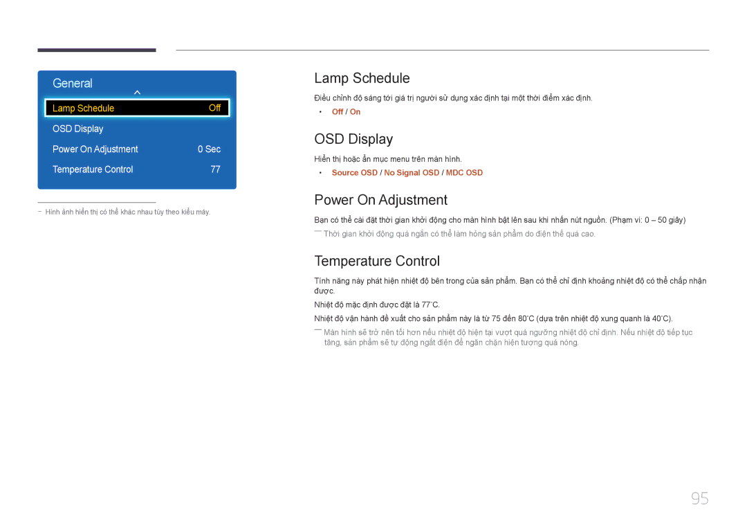 Samsung LH65EDEPLGC/XS, LH55DMEPLGC/XY, LH40DCEPLGC/XY Lamp Schedule, OSD Display, Power On Adjustment, Temperature Control 